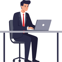 Flat vector of businessman working at desk, minimal style, white background