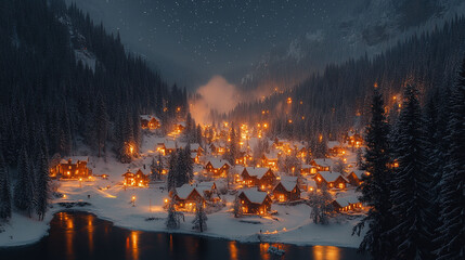 A winter wonderland village nestled in a snowy mountain valley, illuminated by warm lights. © siomay