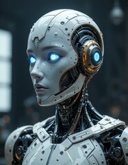 robot cyborg woman,Futuristic Humanoid Robot with Glowing Eyes,AI-Powered Female Robot with Stunning Design,Realistic Robot Design Featuring Advanced AI Technology,Humanoid Cyborg with Intricate Metal