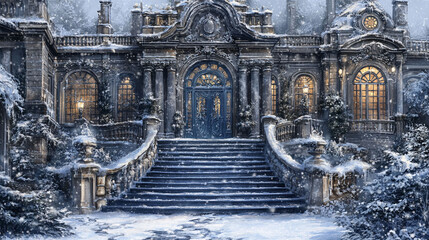 Grand winter mansion with ornate facade.