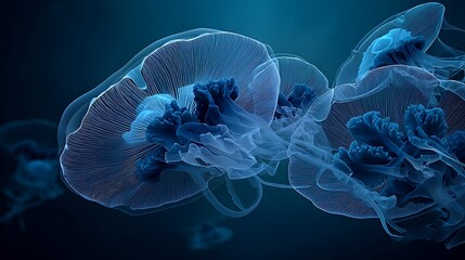 Obraz premium Glowing Jellyfish Swimming in Deep Blue Ocean