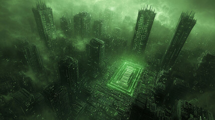 Atop a polluted, futuristic city, a central green square stands out.