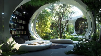 A futuristic reading lounge with AI-powered search panels and a calming indoor garden 