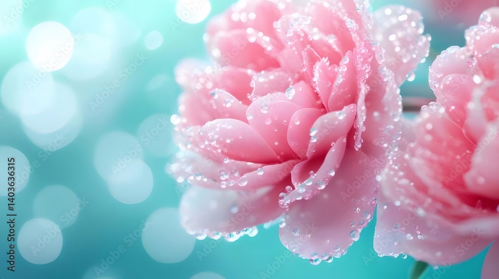 Poster 淡いピンク色のバラの花クローズアップ 青色の背景に水滴が輝く 美しい春の自然描写