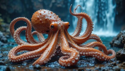 Obraz premium Oceanic Octopus near Cascading Waterfall, Dramatic Underwater Portrait