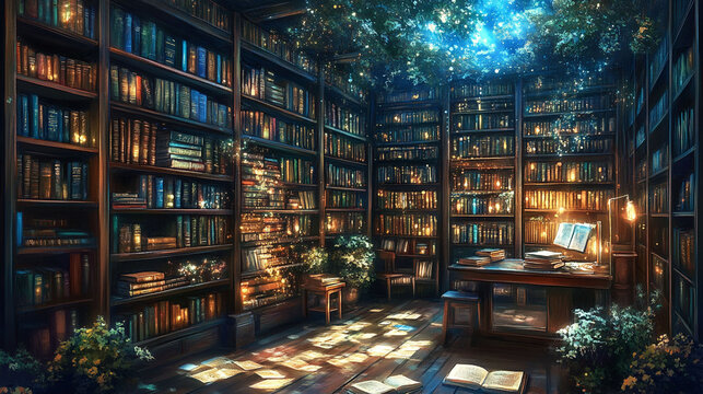 Enchanting, dimly lit library filled with ancient books.