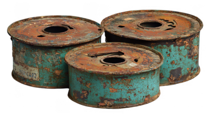 Three weathered spools with a tapestry of rust and faded turquoise hues