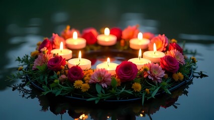 A floral wreath floats on a lake. Candles in the center of the wreath. A celebration of the beginning/mid summer.