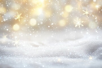 Naklejka premium Snowy Christmas background with golden bokeh