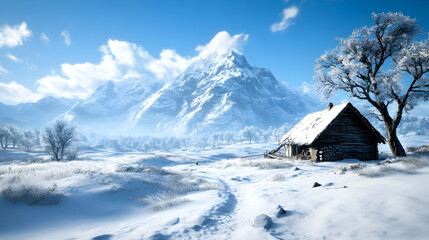 Snowy Mountain Landscape with Rustic Cabin Under Clear Blue Sky In Winter Season