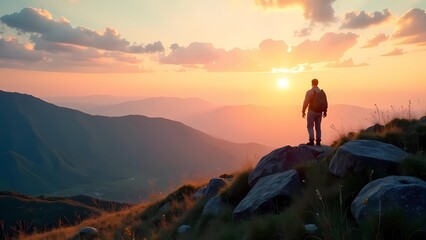 Fototapeta premium Serene sunrise meditation, reconnecting with nature. Travel. Honoring summer's beginning.