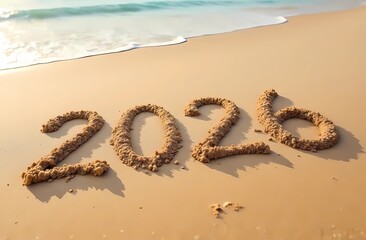 2026 written in the sand. The beach, the sea and the sun. Summer mood.