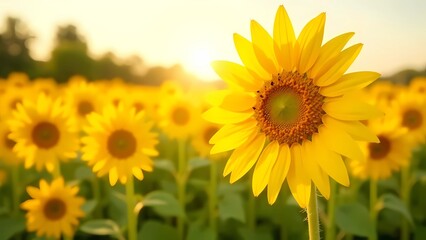 Obraz premium A field of sunflowers in natural bright light from the sun, radiating warmth and the beginning of summer