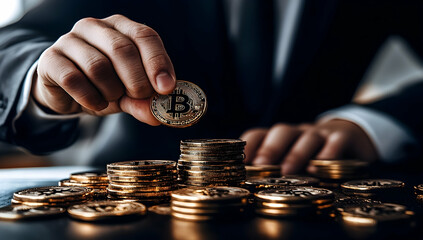 Stack of Golden Bitcoin Coins with Man Hand in Suit Jacket Symbolizing Cryptocurrency Wealth and Financial Investment with Dark Background