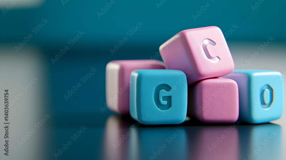 Fototapete stack of three dimensional pink and blue cubes featuring alphabets on a reflective surface