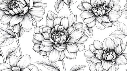 Seamless dahlia flower pattern black and white floral background botanical drawing vintage style wallpaper design