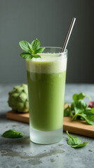A tall glass filled with a vibrant green smoothie sits on a kitchen counter. Fresh mint leaves decorate the top, enhancing its refreshing appeal. An artichoke rests nearby