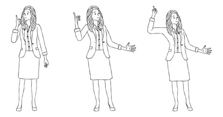 Line Art of a Young Businesswoman with Pointing Gestures in Various Standing Poses.
