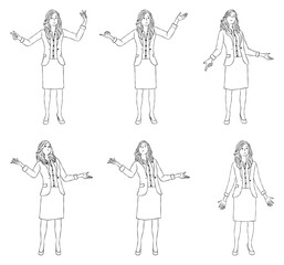 Line Art of a Young Businesswoman, Open Hand Gestures, Explaining in various poses.