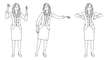 Line Art of a Young Businesswoman Standing in Multiple Poses.