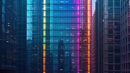 Fototapeta premium A vibrant urban scene featuring modern glass buildings illuminated with colorful neon lights.