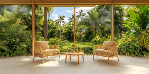 Obraz premium Stylish Living Room Interior Design Featuring Modern Furniture and Lush Greenery View