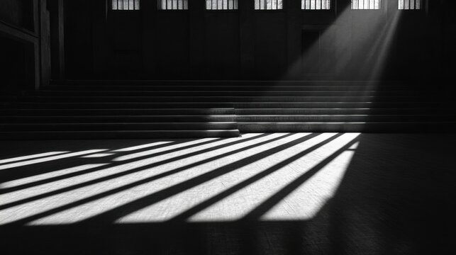 A dark, silent arena with empty bleachers, casting long shadows across the floor 