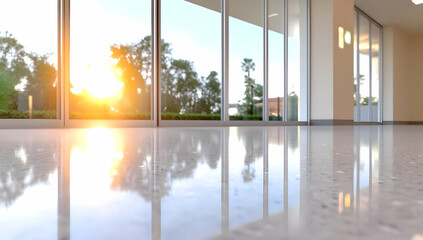Fototapeta premium Sunlight Streaming Through Office Windows Casting Reflections on Shiny Floor With Trees in Background During Sunset