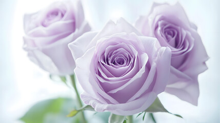 Three Delicate Roses: The close-up captures the serene beauty of three exquisite roses in full bloom, their soft lavender petals unfurling gently. The image evokes a sense of peace and tranquility.
