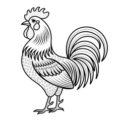 A black and white rooster illustration line art of a coloring page