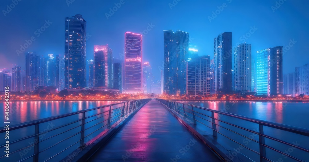 Poster 青い夜の都市風景 橋が前景に 赤とピンクの光が水面に反射 近代的な高層ビル群 美しい夜景