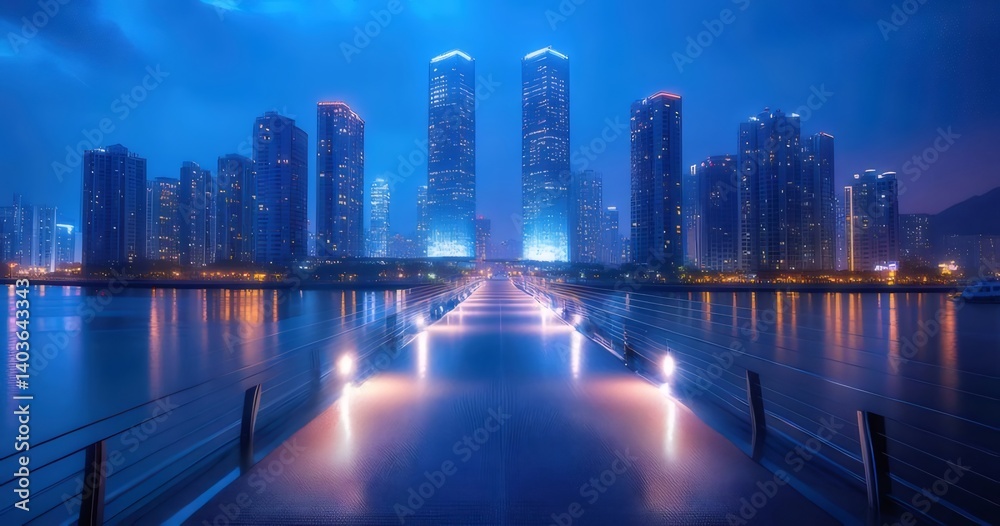 Aufkleber 水面と光の都市景観の夜景 青い空と建物のシルエットが映る都市の橋
