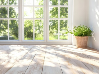 Fototapeta premium Sunlit Room with White Wooden Floor and Green Potted Plant by Large Window Overlooking Lush Green Trees