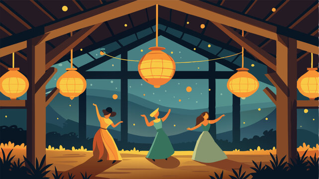 The lanterns hanging from the rafters of a rustic barn cast a warm glow on the dancers below creating a magical ambiance for a countryside dance.