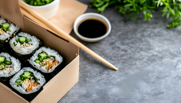 Sushi Rolls in Takeout Box with Soy Sauce and Chopsticks on Gray Table