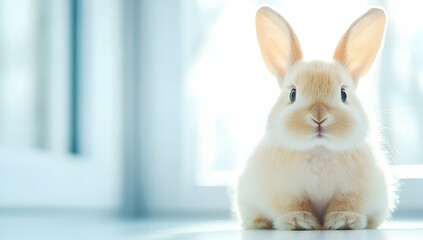 Obraz premium Tan and White Rabbit Sitting on White Surface Near a Window in Soft Light