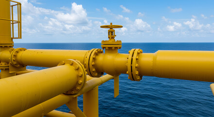 Offshore Yellow Pipeline with Valve Against Blue Sea and Cloudy Sky Industrial Scene