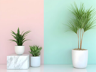 Three Green Plants in White Pots Against Pink and Green Wall with Geometric Shapes Interior Design and Minimalist Decoration