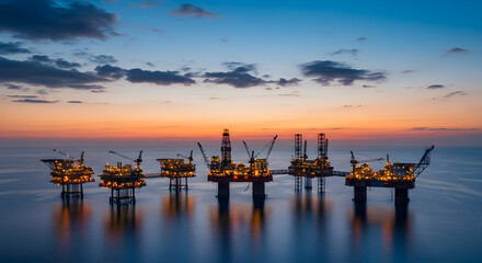 Fototapeta premium Offshore Oil Platforms Silhouetted at Sunset in Ocean with Soft Lighting and Orange Sky