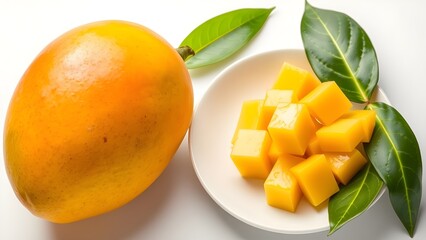 A juicy, sun-ripened mango, whole and cubed, a vibrant taste of summer sunshine, displayed artfully with lush green leaves on a pristine white plate.
