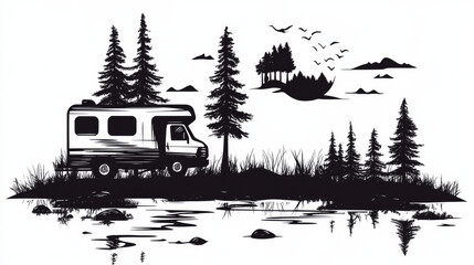 Fototapeta premium Isolated on white, this powerful black silhouette emblem represents camping, travel, or camper trailers. logo for a campervan or caravanette. A vector element for a motorhome or other vehicle.
