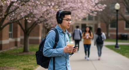 Fototapeta premium Asian student walking on campus with headphones and a drink