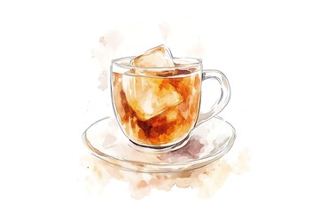 Iced tea in glass cup with ice cubes on saucer.