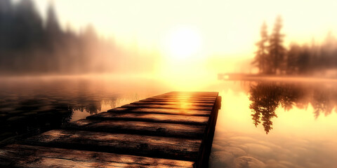 Tranquil Lake Scene with Wooden Dock at Sunrise Reflecting Soft Golden Light Through Morning Mist