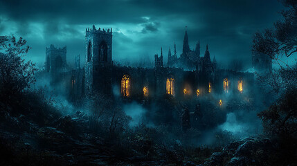 Fototapeta premium Haunted medieval castle shrouded in twilight mist.