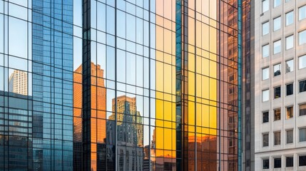Fototapeta premium A cityscape featuring modern glass buildings reflecting golden sunset hues and neighboring structures.