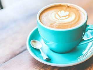 Obraz premium Turquoise Coffee Cup with Latte Art on Wooden Table in Cafe with Spoon
