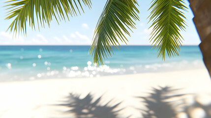 Obraz premium Turquoise Ocean View Under Palm Tree Foliage at Sandy Beach with Azure Water and Clear Skies