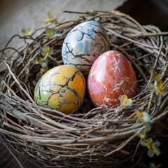 Obraz premium Colorful decorative eggs in a natural nest