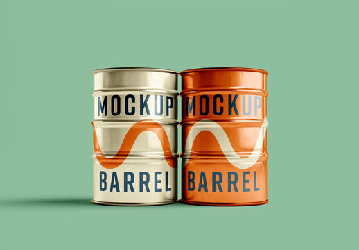 Dual Glossy Metal Barrel Mockup with Abstract Wave Design &mdash; Industrial Packaging Template for Oil, Fuel, or Chemical Branding